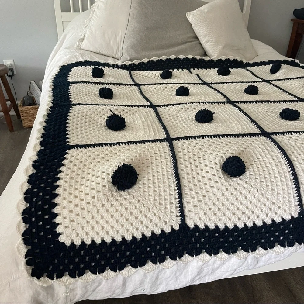 Vintage Handmade Blue White Pom Pom Granny Afghan Blanket 60x60